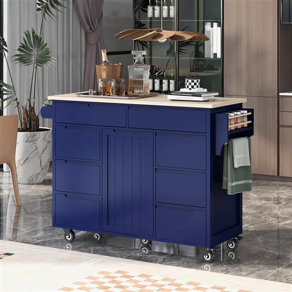 Kitchen Cart with Rubber Wood Countertop , Kitchen Island has 8 Handle-Free Drawers Including a Flatware Organizer and 5 Wheels for Kitchen Dinning Room, Dark Blue