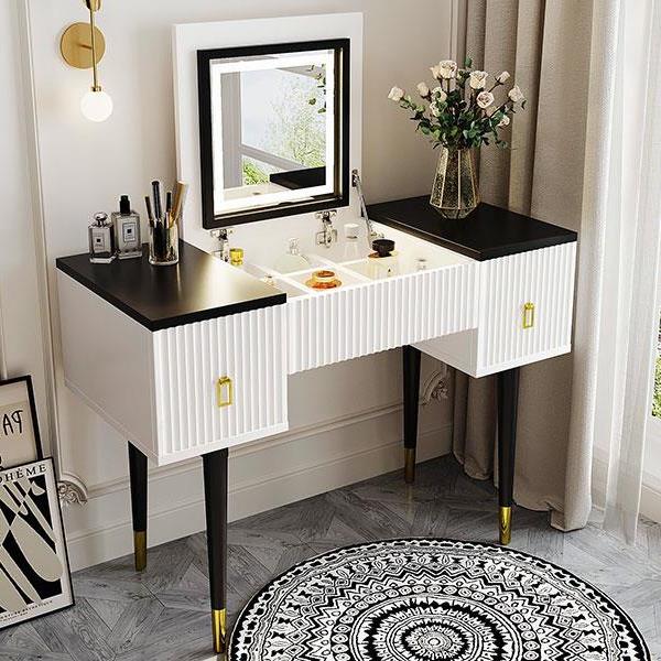 43.3" Modern Vanity Table Set with Flip-top Mirror and LED Light, Dressing Table with Customizable Storage, White and Black