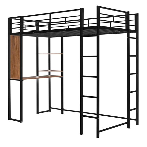 Twin Metal Loft Bed with 2 Shelves and one Desk ,BLACK