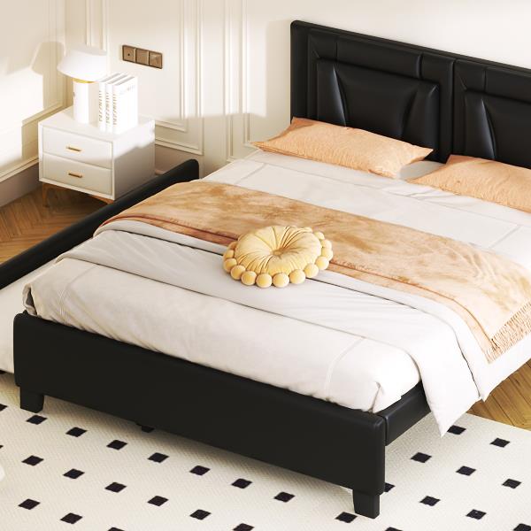 Queen Size Upholstered Platform Bed with Headboard and Twin Size Trundle, Black