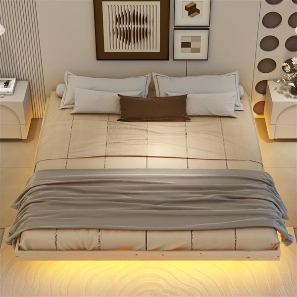 King Size Floating Bed with LED Lights Underneath,Modern King Size Low Profile Platform Bed with LED Lights,Natrual