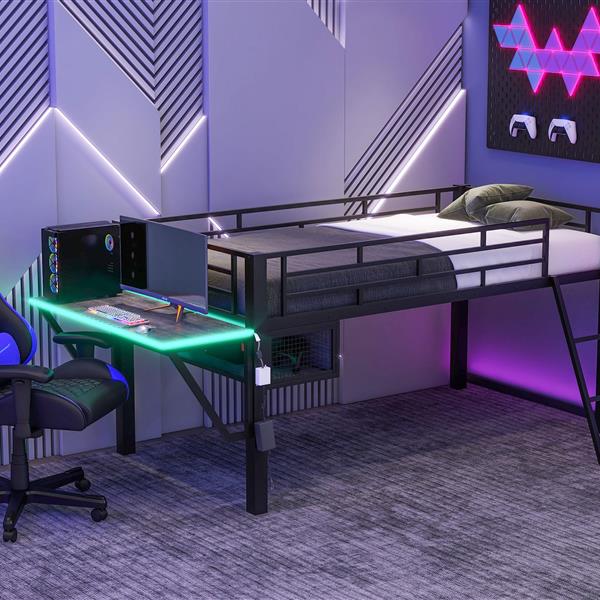 Gaming mid loft bed with desk, LED, Twin, Black