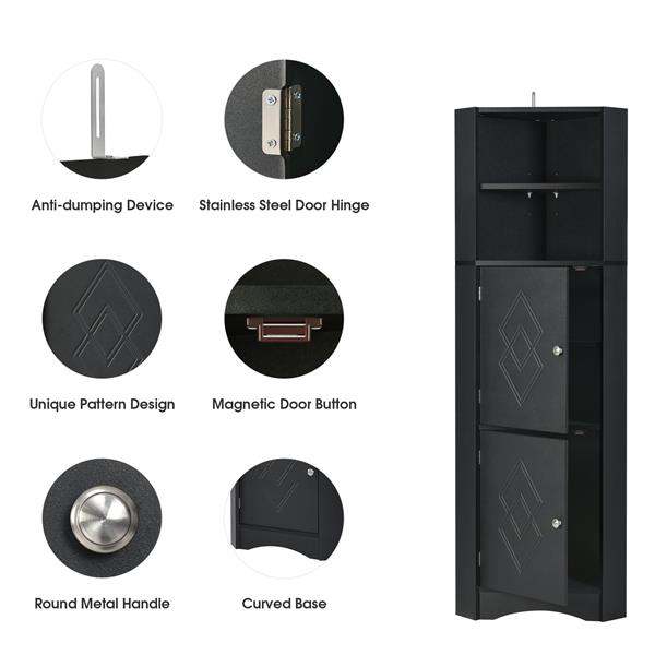 Tall Bathroom Corner Cabinet,  Storage Cabinet with Doors and Adjustable Shelves, MDF Board, Black