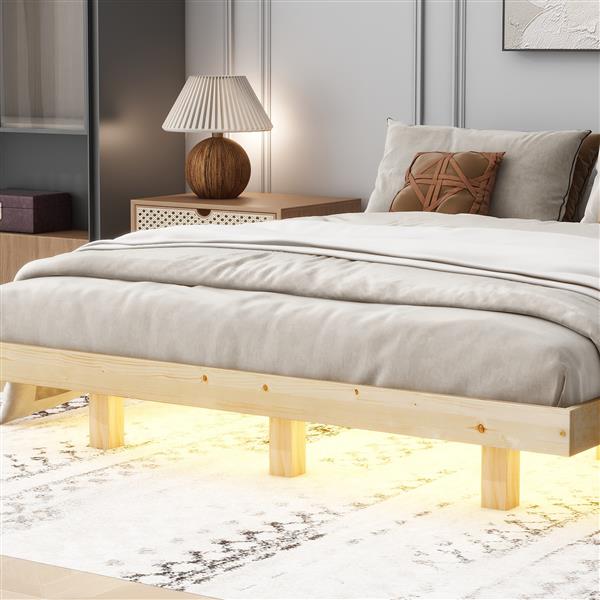 Queen Size Floating Bed with LED Lights Underneath,Modern Queen Size Low Profile Platform Bed with LED Lights,Natural