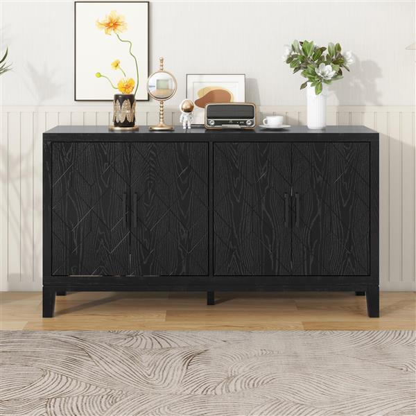 4-door Retro Sideboard with Adjustable Shelves, Two Large Cabinet with Long Handle, for Living Room and Dining Room (Black)