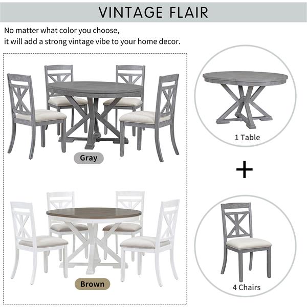 5-Piece Retro Functional Dining Table Set Extendable Round Table and 4 Upholstered Chairs for Dining Room and Living Room (Grey)