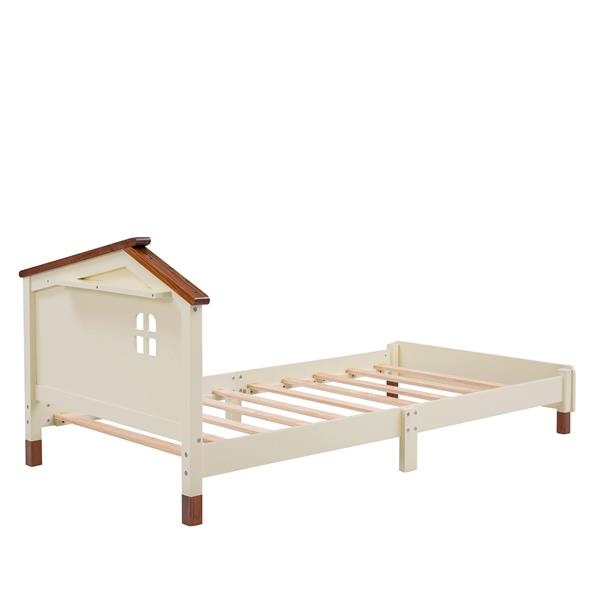 Twin Size Wood Platform Bed with House-shaped Headboard  (Cream+Walnut)