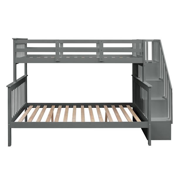 Stairway Twin-Over-Full Bunk Bed with Storage and Guard Rail for Bedroom, Gray color