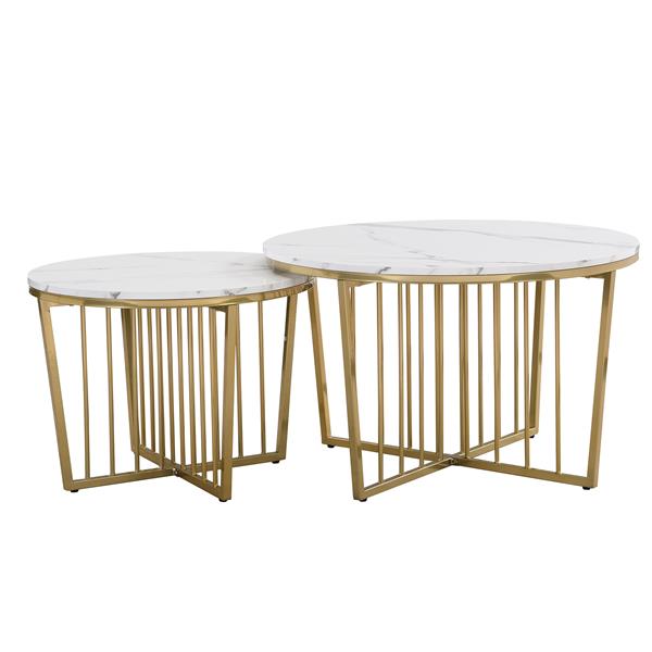 Modern Round Nesting Coffee Table Set 2-Piece White & Marbling Top Gold Base