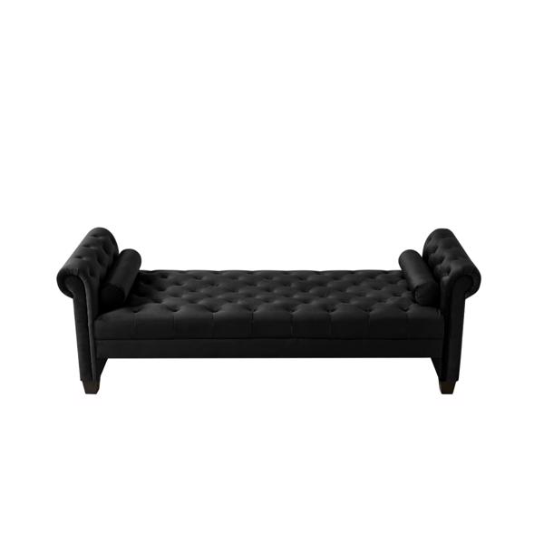 Black,  Solid Wood Legs Velvet Rectangular Sofa Bench with Attached Cylindrical Pillows 