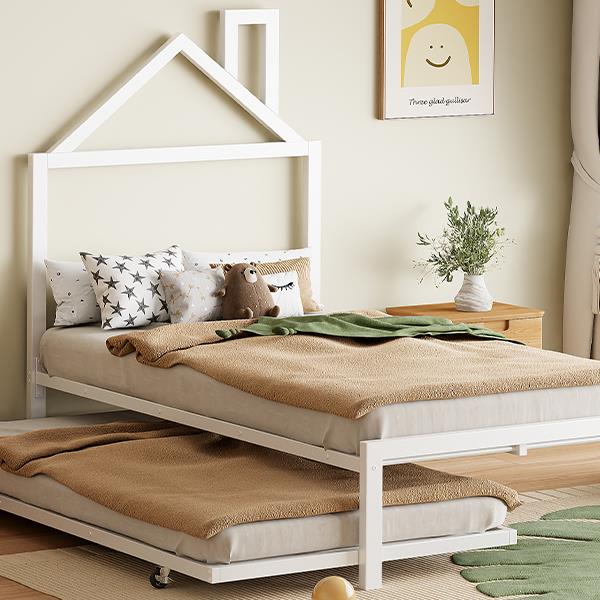 Twin Size Metal Platform Bed with twin size trundle,House-Shaped Headboard Design, White