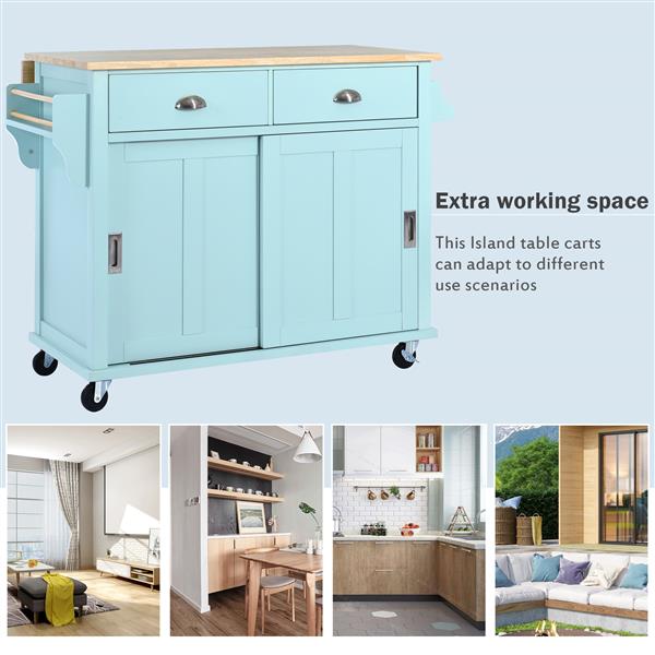 Kitchen Cart with Rubber wood Drop-Leaf Countertop, Concealed sliding barn door adjustable height,Kitchen Island on 4 Wheels with Storage Cabinet and 2 Drawers,L52.2xW30.5xH36.6 inch, Mint Green