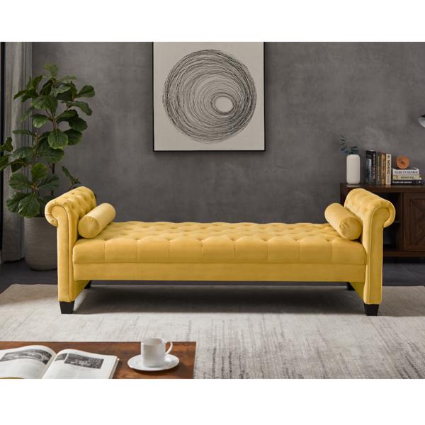 Yellow, Solid Wood Legs Velvet Rectangular Sofa Bench with Attached Cylindrical Pillows 