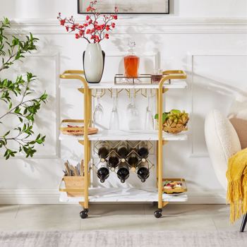 Painted Three-layer Bar Cart, With Wine Rack And Glass Holder, Suitable for Families And Small Gatherings, Gold