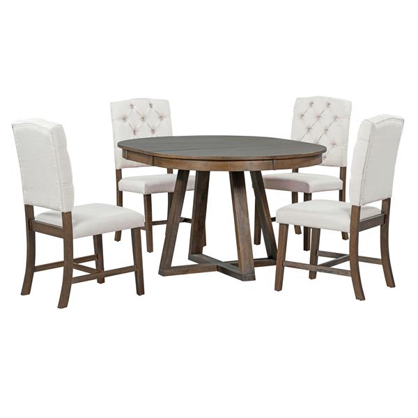 5-Piece Retro Functional Dining Set, Round Table with a 16"W Leaf and 4 Upholstered Chairs for Dining Room and Living Room (Walnut)