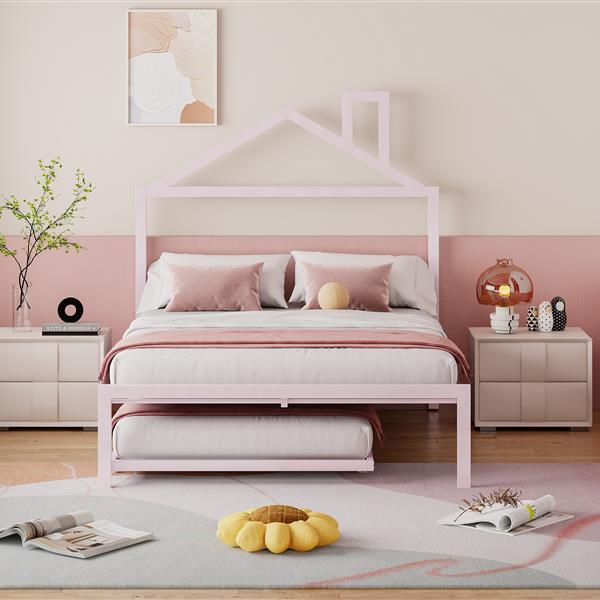 Full Size Metal Platform Bed with twin size trundle,House-Shaped Headboard Design, Pink