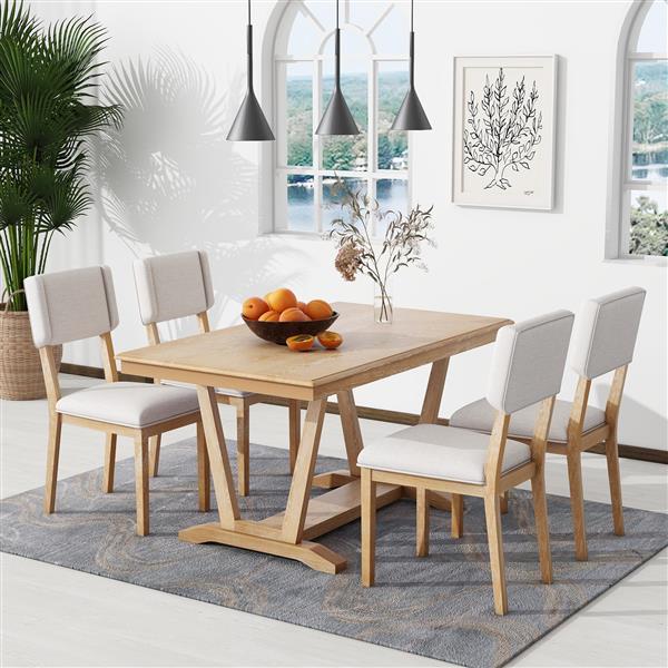 Rustic 5-piece Dining Table Set with 4 Upholstered Chairs, 59-inch Rectangular Dining Table with Trestle Table Base, Naural