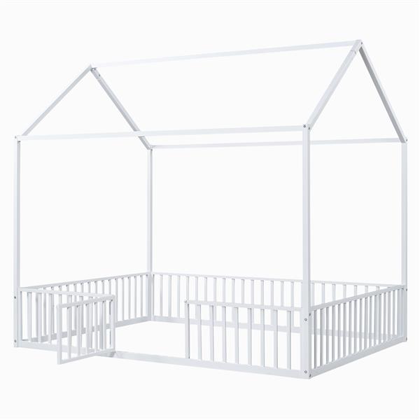 Full Size Metal House Bed with Fence and Door, White