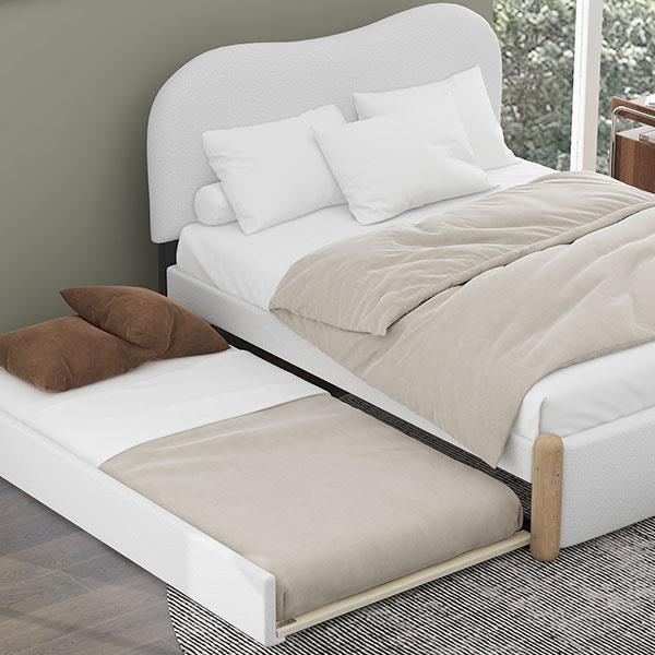 Full Size Upholstered Platform Bed with Wood Supporting Feet and Twin Size Trundle, White