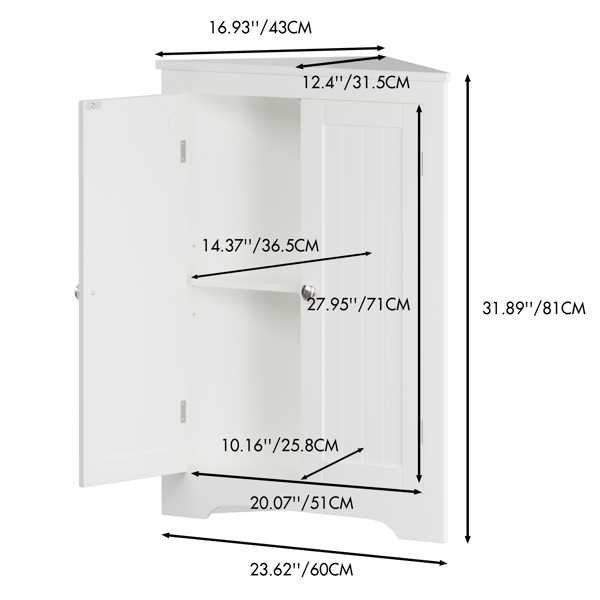 Floor Corner Cabinet with 2 Doors and Adjustable Shelves, Freestanding Narrow Cabinet Organizer, Corner Storage Cabinets for Bathroom, Kitchen, Living Room, or Bedroom, White 