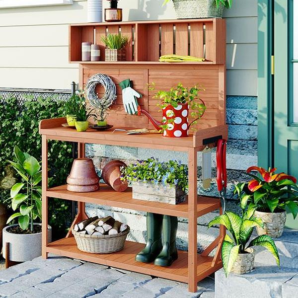 65" Large Wooden Farmhouse Rustic Outdoor Potting Bench Table, Patio Workstation, Garden Potting Bench with 4 Storage Shelves and Side Hook,Natural