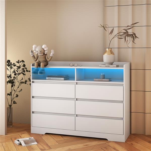 6 Drawer Dresser, White Dresser for Bedroom with LED Lights, Modern Dressers & Chests of Drawers with Sturdy Frame for Living Room, Entryway, Hallway