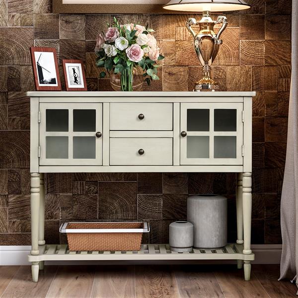 Sideboard Console Table with Bottom Shelf, Farmhouse Wood/Glass Buffet Storage Cabinet Living Room (Antique Grey)