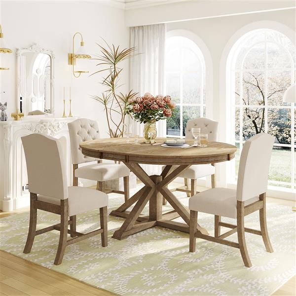 Functional Furniture Retro Style Dining Table Set with Extendable Table and 4 Upholstered Chairs for Dining Room and Living Room(Natural Wood Wash)