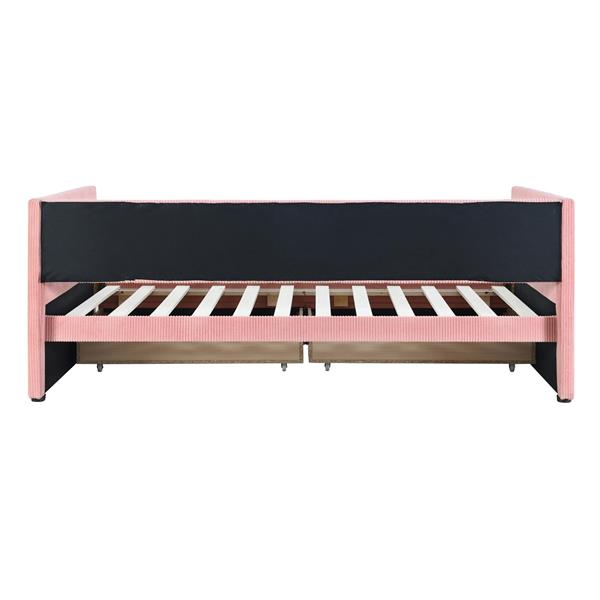 Twin Size Corduroy Daybed with Two Drawers and Wood Slat, Pink