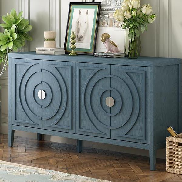 Retro Sideboard door with Circular Groove Design Round Metal Door Handle for Entrance, Dinning Room, Living Room (Antique Blue)