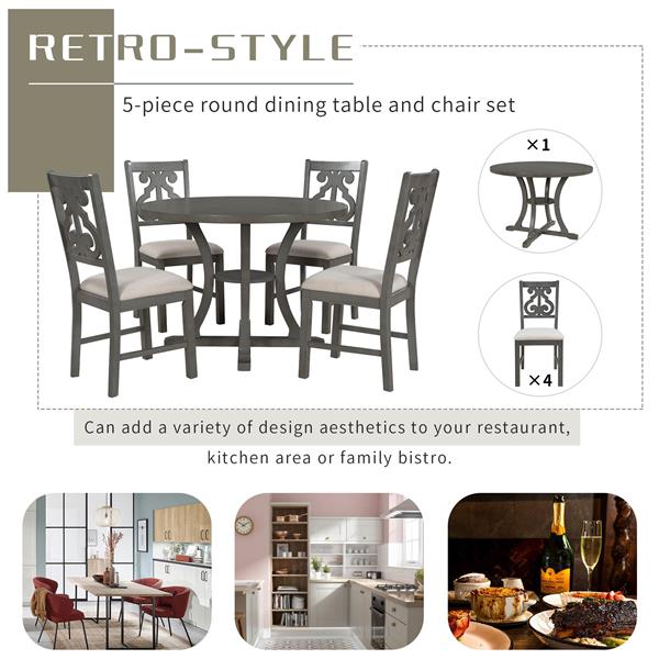 5-Piece Round Dining Table and Chair Set with Special-shaped Legs and an Exquisitely Designed Hollow Chair Back for Dining Room (Gray)