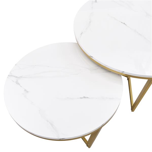 Modern Round Nesting Coffee Table Set 2-Piece White & Marbling Top Gold Base