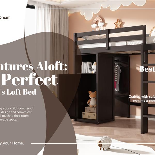 Twin Loft Bed with Wardrobe, Storage Shelves and Ladder, Espresso