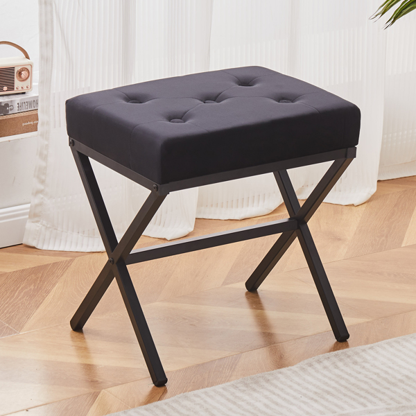 Ottoman Foot Stool Tufted Vanity Stool Ottomans Thickened Cushion Footstool Mulifunctional Shoe Changing Seat Step Stools with Metal X Leg for Living Room Bedroom Black Velvet