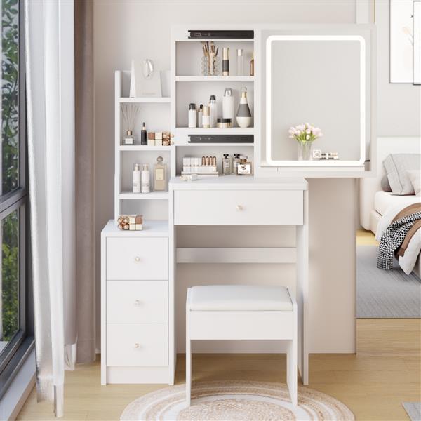 Small Size Left Bedside Cabinet Vanity Table + Cushioned Stool, Extra Large Touch Control Sliding LED Mirror, Tri-color Switching, Brightness Adjustable, Suitable for Girls No More Than 5.6ft Tall