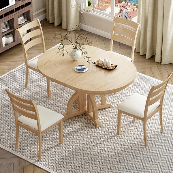 5-Piece Farmhouse Round Pedestal Extending Dining Table Set Extendable Kitchen Table Set with 15.8" Removable Leaf and Ladder Back Dining Chairs for Small Places, Natural