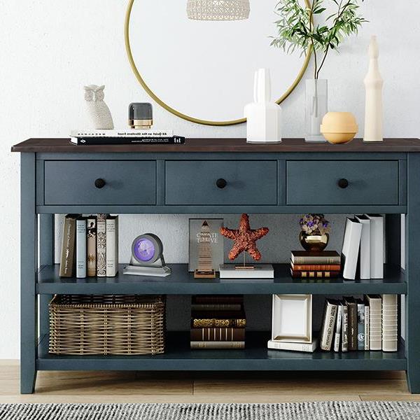 Retro Design Console Table with Two Open Shelves, Pine Solid Wood Frame and Legs for Living Room (Navy)