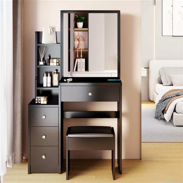 Small Space Left Bedside Cabinet Vanity Table + Cushioned Stool, Extra Large Right sliding mirror, Multi Layer High Capacity Storage, Practical Fashionable Dresser, Suitable for Girls Up to 5.6ft Tall