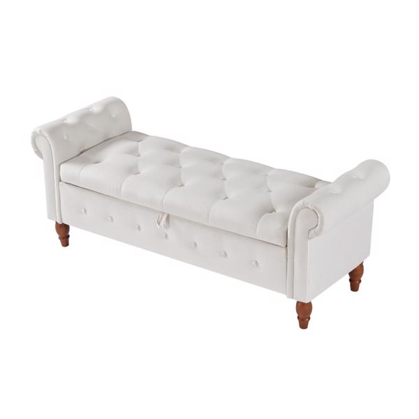 Beige, Solid Wood Legs, Velvet Bedroom End of Bed Storage Bench, Rolled Side Sofa Bench, Toy Storage Bench