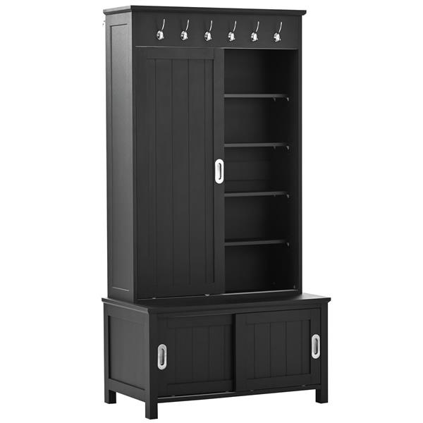 Multifunctional Hall Tree with Sliding Doors, Wooden Hallway Shoe Cabinet with Storage Bench and Shelves, Mudroom Coat Storage with Hanging Hooks for Entryways, Black