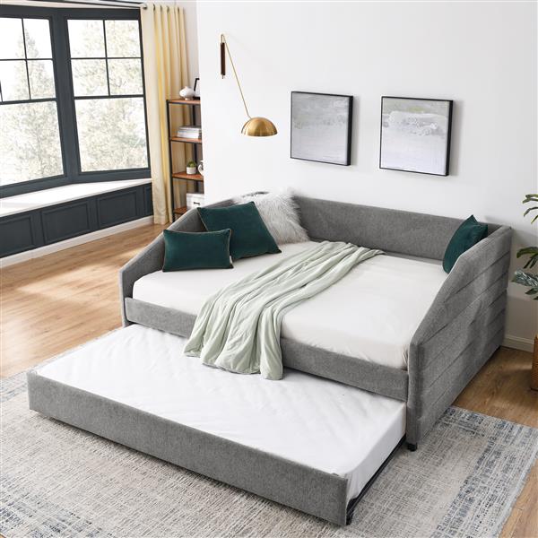 Full Size Daybed with Trundle Upholstered Tufted Sofa Bed, Linen Fabric, Grey (82.5"x58"x34")