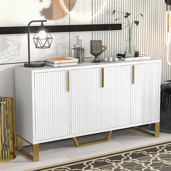 Modern sideboard with Four Doors, Metal handles & Legs and Adjustable Shelves Kitchen Cabinet (White)