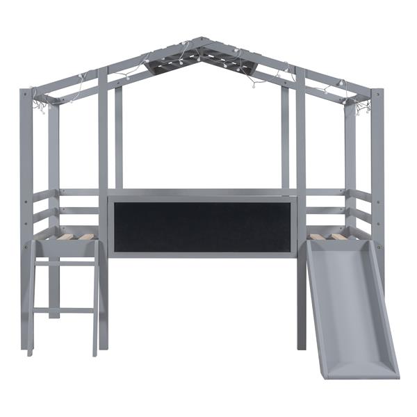 Twin Size Loft Bed with Ladder and Slide, House Bed with Blackboard and Light Strip on the Roof, Gray