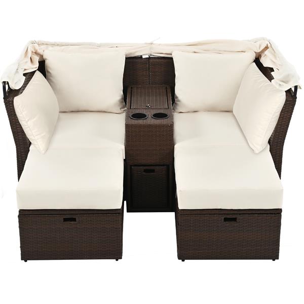 2-Seater Outdoor Patio Daybed Outdoor Double Daybed Outdoor Loveseat Sofa Set with Foldable Awning and Cushions for Garden, Balcony, Poolside, Beige