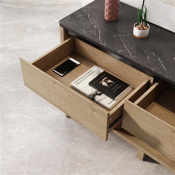 47 Inch Modern Farmhouse Double Drawers Console Table for Living Room or Entryway, Tobacco Wood and Black Marble Texture