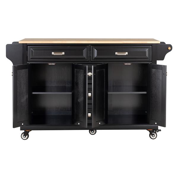 Kitchen Island with Rubber wood Countertop, Kitchen Cart on 5 Wheels with Storage Cabinet and 5 Drawers for Dinning Room, Black