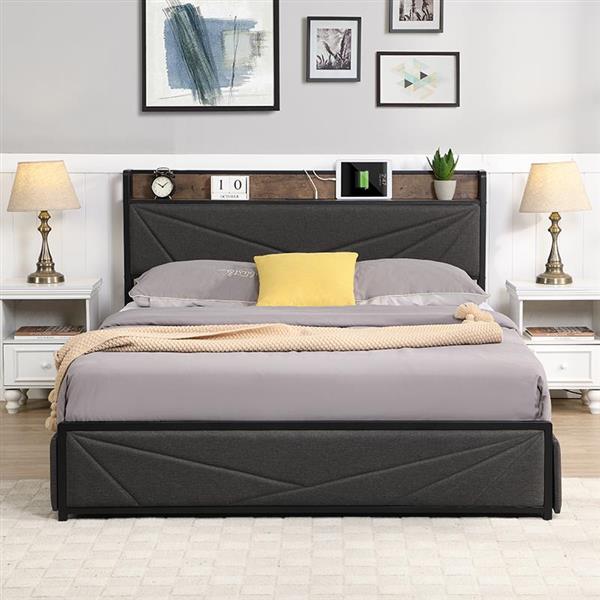 Queen Bed Frame, Storage Headboard with Charging Station, Solid and Stable, Noise Free, No Box Spring Needed, Easy Assembly