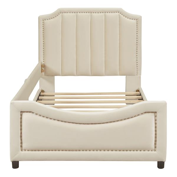 Twin Size Upholstered Daybed with Classic Stripe Shaped  Headboard, Beige