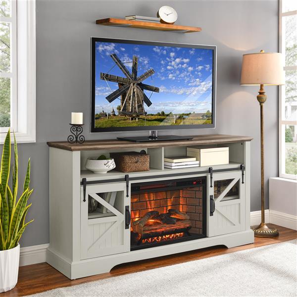 60 Inch Electric Fireplace  Entertainment Center With Door Sensor-Jasmine white color