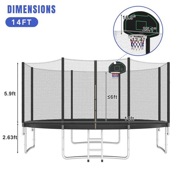 14FT Trampoline for Kids with Safety Enclosure Net, Basketball Hoop and Ladder, Easy Assembly Round Outdoor Recreational Trampoline